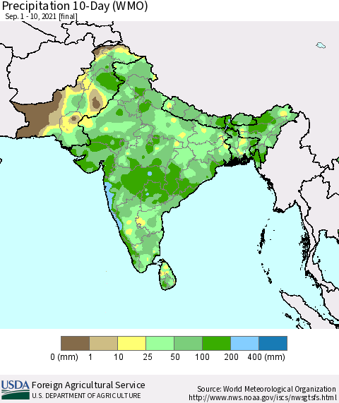 Southern Asia Precipitation 10-Day (WMO) Thematic Map For 9/1/2021 - 9/10/2021