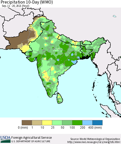 Southern Asia Precipitation 10-Day (WMO) Thematic Map For 9/11/2021 - 9/20/2021