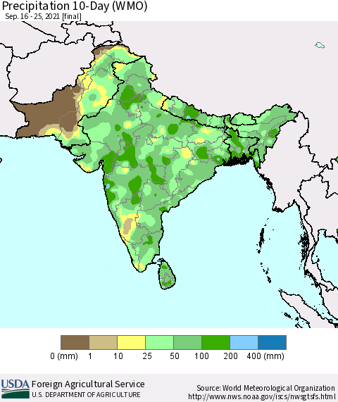 Southern Asia Precipitation 10-Day (WMO) Thematic Map For 9/16/2021 - 9/25/2021