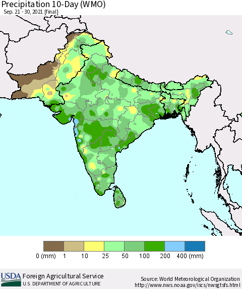 Southern Asia Precipitation 10-Day (WMO) Thematic Map For 9/21/2021 - 9/30/2021
