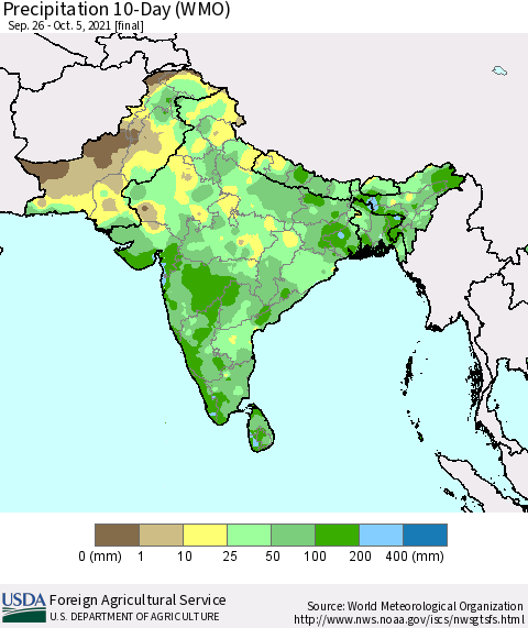Southern Asia Precipitation 10-Day (WMO) Thematic Map For 9/26/2021 - 10/5/2021