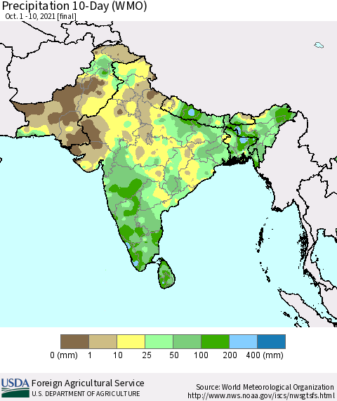 Southern Asia Precipitation 10-Day (WMO) Thematic Map For 10/1/2021 - 10/10/2021