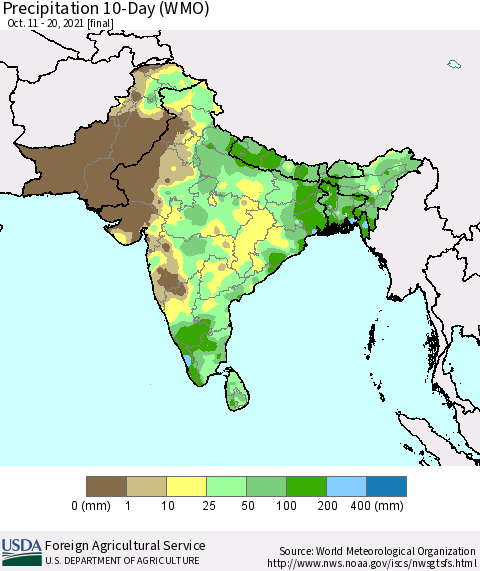 Southern Asia Precipitation 10-Day (WMO) Thematic Map For 10/11/2021 - 10/20/2021