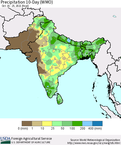 Southern Asia Precipitation 10-Day (WMO) Thematic Map For 10/16/2021 - 10/25/2021