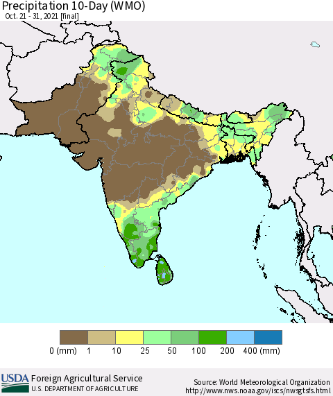 Southern Asia Precipitation 10-Day (WMO) Thematic Map For 10/21/2021 - 10/31/2021