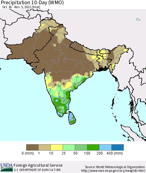Southern Asia Precipitation 10-Day (WMO) Thematic Map For 10/26/2021 - 11/5/2021