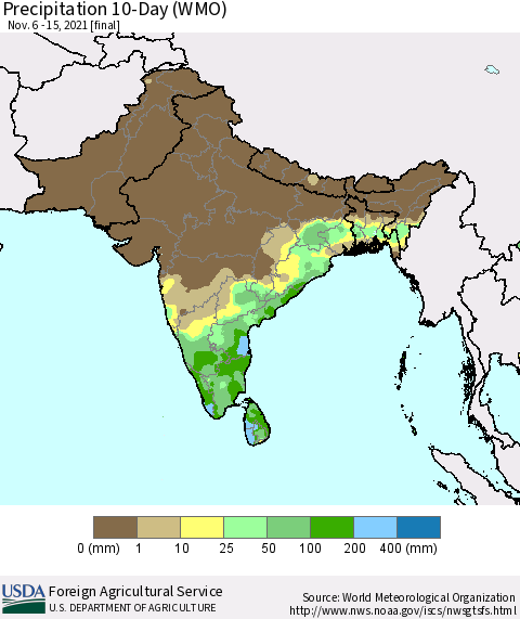 Southern Asia Precipitation 10-Day (WMO) Thematic Map For 11/6/2021 - 11/15/2021