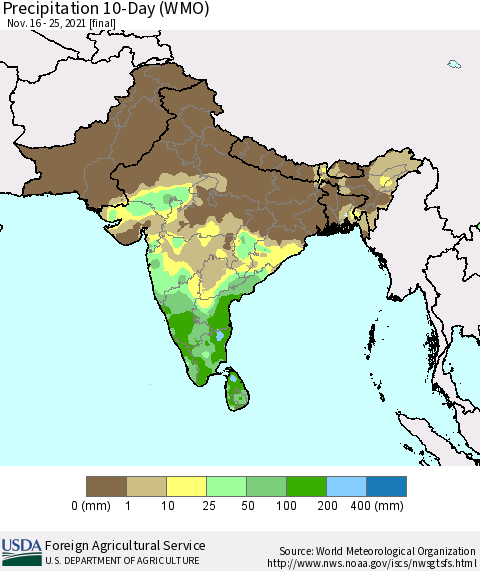 Southern Asia Precipitation 10-Day (WMO) Thematic Map For 11/16/2021 - 11/25/2021