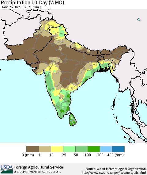 Southern Asia Precipitation 10-Day (WMO) Thematic Map For 11/26/2021 - 12/5/2021