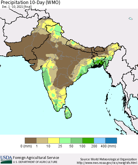 Southern Asia Precipitation 10-Day (WMO) Thematic Map For 12/1/2021 - 12/10/2021