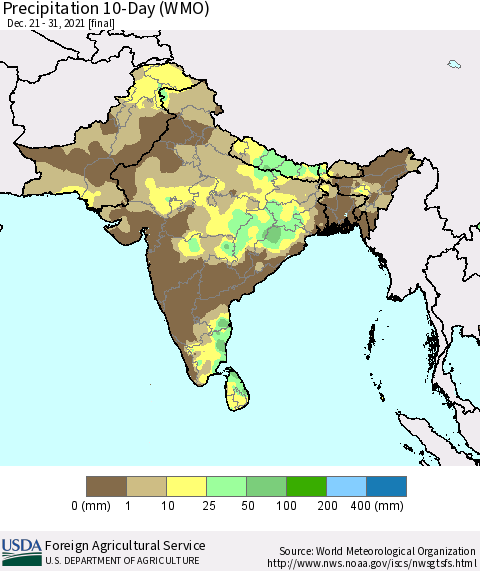 Southern Asia Precipitation 10-Day (WMO) Thematic Map For 12/21/2021 - 12/31/2021