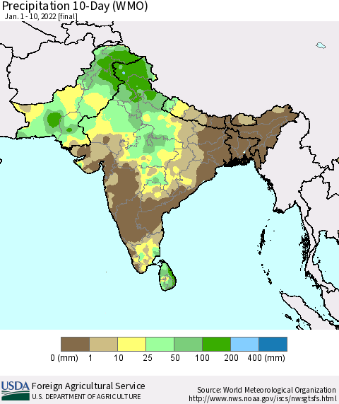 Southern Asia Precipitation 10-Day (WMO) Thematic Map For 1/1/2022 - 1/10/2022