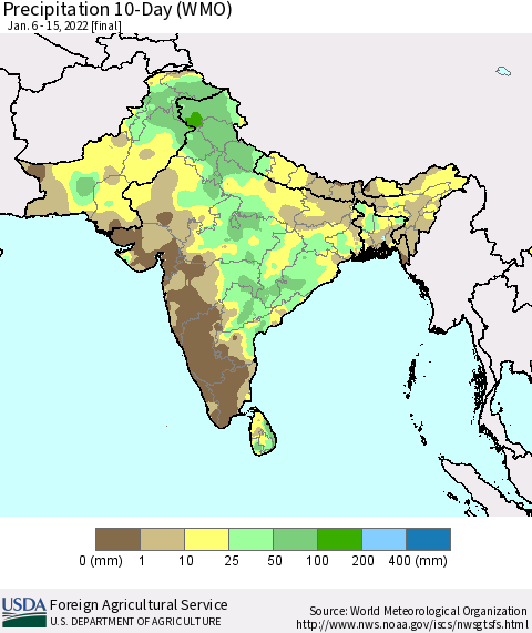 Southern Asia Precipitation 10-Day (WMO) Thematic Map For 1/6/2022 - 1/15/2022