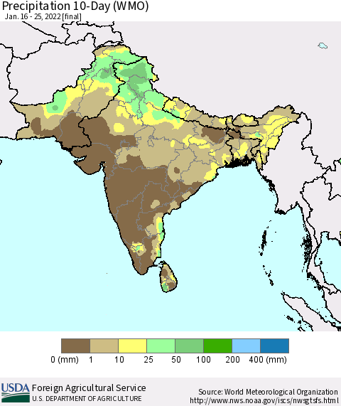 Southern Asia Precipitation 10-Day (WMO) Thematic Map For 1/16/2022 - 1/25/2022
