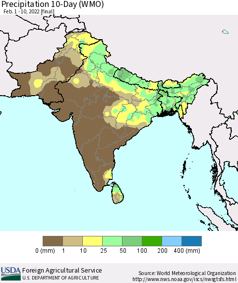 Southern Asia Precipitation 10-Day (WMO) Thematic Map For 2/1/2022 - 2/10/2022