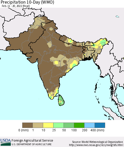 Southern Asia Precipitation 10-Day (WMO) Thematic Map For 2/11/2022 - 2/20/2022