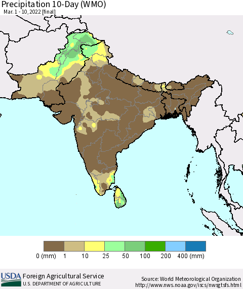 Southern Asia Precipitation 10-Day (WMO) Thematic Map For 3/1/2022 - 3/10/2022