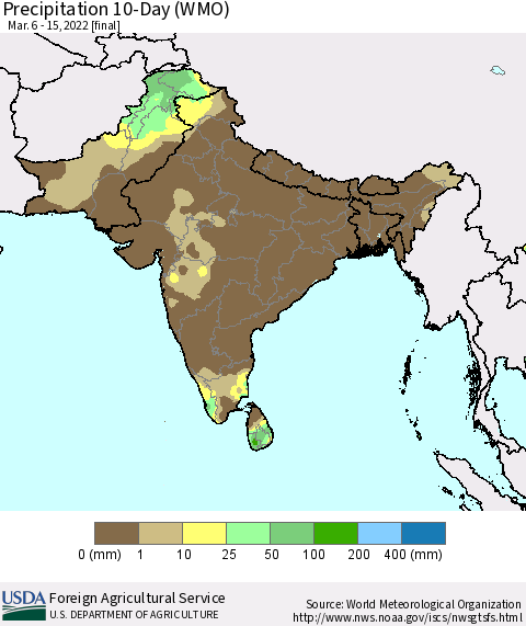 Southern Asia Precipitation 10-Day (WMO) Thematic Map For 3/6/2022 - 3/15/2022
