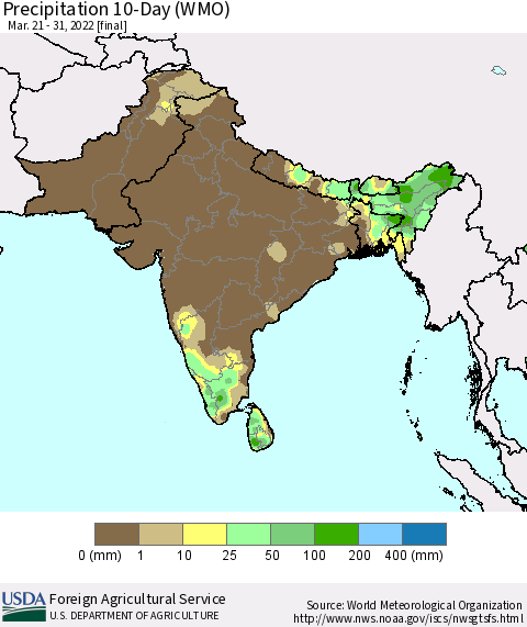 Southern Asia Precipitation 10-Day (WMO) Thematic Map For 3/21/2022 - 3/31/2022