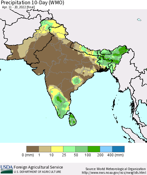 Southern Asia Precipitation 10-Day (WMO) Thematic Map For 4/11/2022 - 4/20/2022