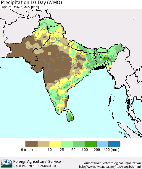 Southern Asia Precipitation 10-Day (WMO) Thematic Map For 4/26/2022 - 5/5/2022