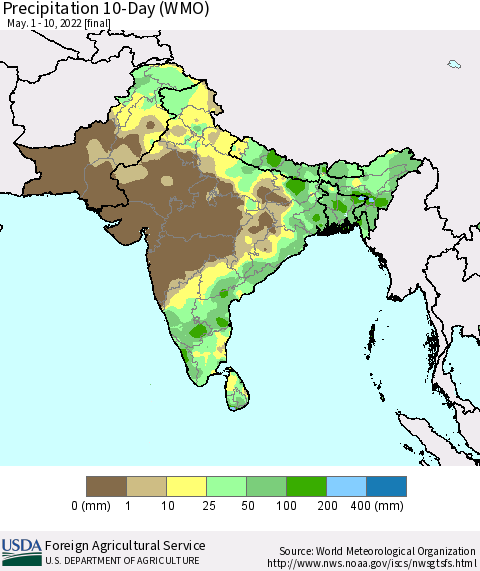 Southern Asia Precipitation 10-Day (WMO) Thematic Map For 5/1/2022 - 5/10/2022