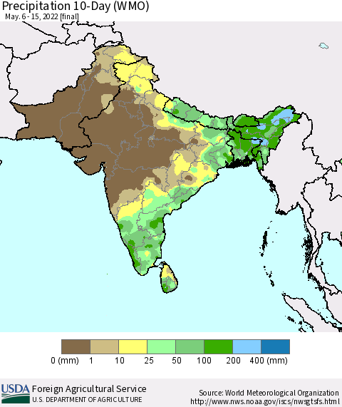Southern Asia Precipitation 10-Day (WMO) Thematic Map For 5/6/2022 - 5/15/2022