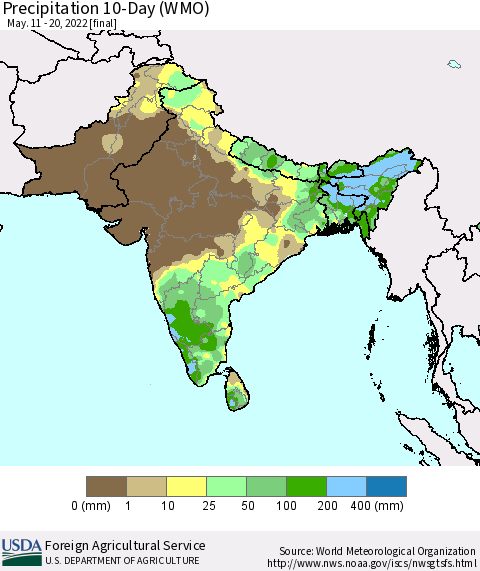 Southern Asia Precipitation 10-Day (WMO) Thematic Map For 5/11/2022 - 5/20/2022