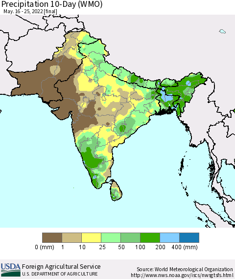 Southern Asia Precipitation 10-Day (WMO) Thematic Map For 5/16/2022 - 5/25/2022