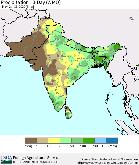 Southern Asia Precipitation 10-Day (WMO) Thematic Map For 5/21/2022 - 5/31/2022