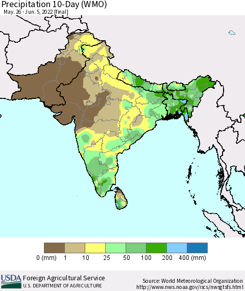 Southern Asia Precipitation 10-Day (WMO) Thematic Map For 5/26/2022 - 6/5/2022