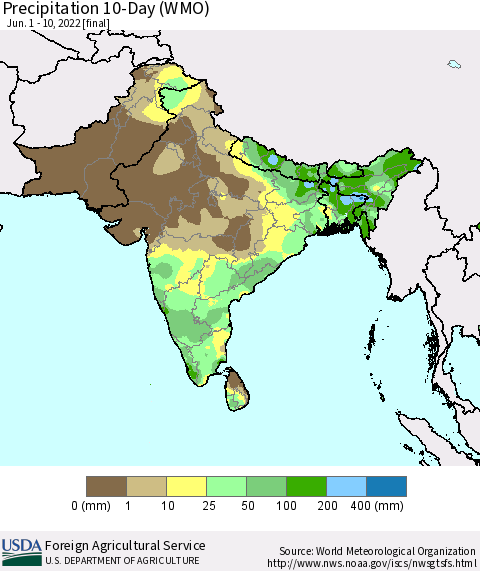 Southern Asia Precipitation 10-Day (WMO) Thematic Map For 6/1/2022 - 6/10/2022