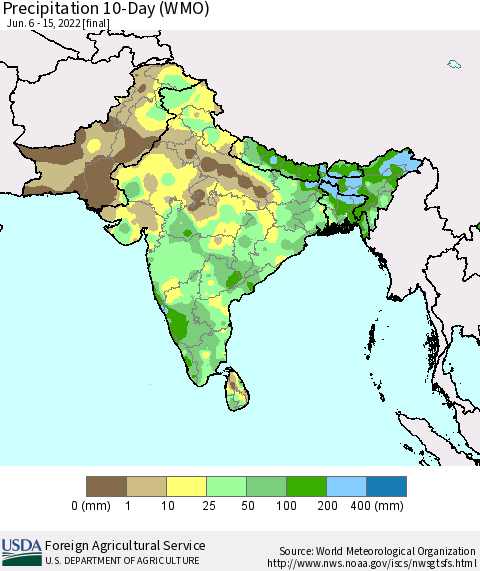 Southern Asia Precipitation 10-Day (WMO) Thematic Map For 6/6/2022 - 6/15/2022