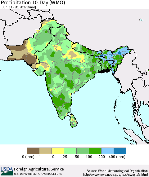 Southern Asia Precipitation 10-Day (WMO) Thematic Map For 6/11/2022 - 6/20/2022