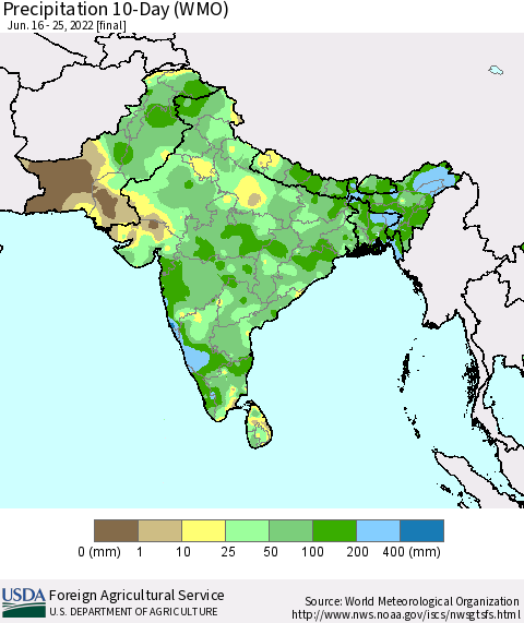 Southern Asia Precipitation 10-Day (WMO) Thematic Map For 6/16/2022 - 6/25/2022