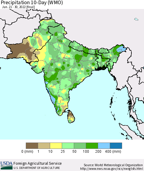 Southern Asia Precipitation 10-Day (WMO) Thematic Map For 6/21/2022 - 6/30/2022