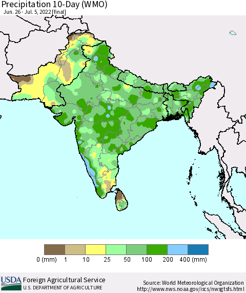 Southern Asia Precipitation 10-Day (WMO) Thematic Map For 6/26/2022 - 7/5/2022