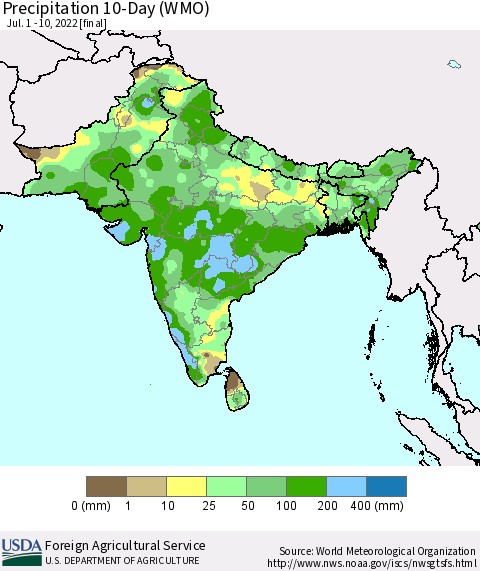 Southern Asia Precipitation 10-Day (WMO) Thematic Map For 7/1/2022 - 7/10/2022