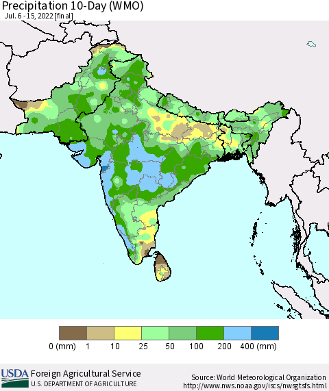 Southern Asia Precipitation 10-Day (WMO) Thematic Map For 7/6/2022 - 7/15/2022