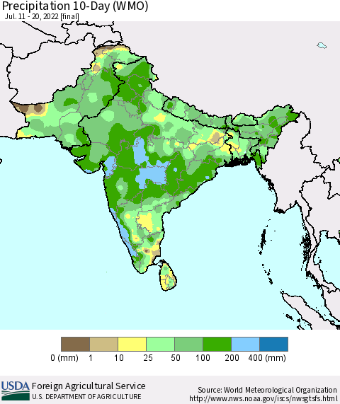 Southern Asia Precipitation 10-Day (WMO) Thematic Map For 7/11/2022 - 7/20/2022