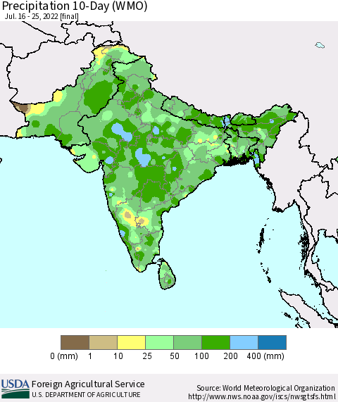 Southern Asia Precipitation 10-Day (WMO) Thematic Map For 7/16/2022 - 7/25/2022