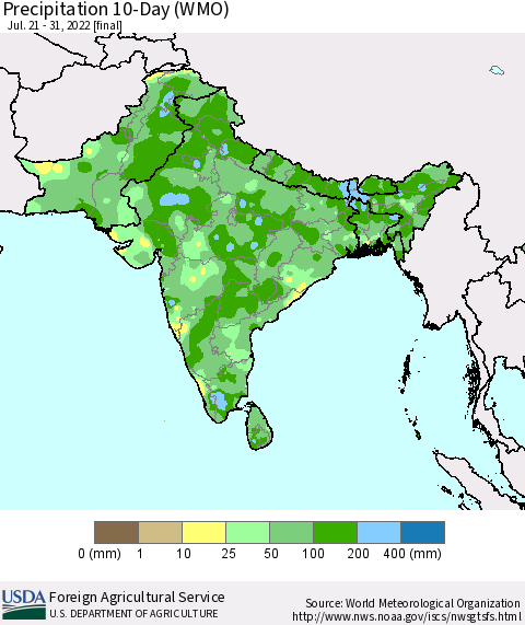 Southern Asia Precipitation 10-Day (WMO) Thematic Map For 7/21/2022 - 7/31/2022