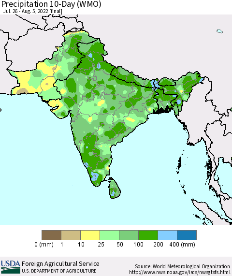 Southern Asia Precipitation 10-Day (WMO) Thematic Map For 7/26/2022 - 8/5/2022