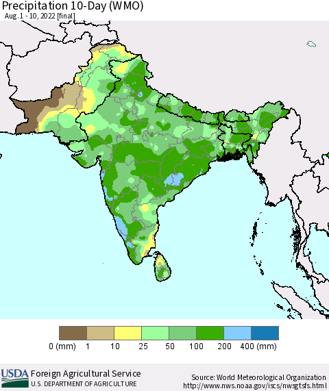 Southern Asia Precipitation 10-Day (WMO) Thematic Map For 8/1/2022 - 8/10/2022