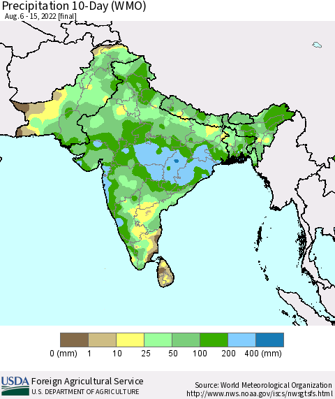 Southern Asia Precipitation 10-Day (WMO) Thematic Map For 8/6/2022 - 8/15/2022