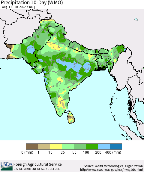 Southern Asia Precipitation 10-Day (WMO) Thematic Map For 8/11/2022 - 8/20/2022
