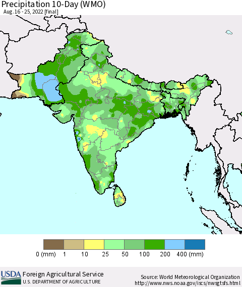 Southern Asia Precipitation 10-Day (WMO) Thematic Map For 8/16/2022 - 8/25/2022