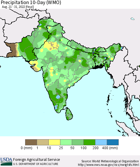 Southern Asia Precipitation 10-Day (WMO) Thematic Map For 8/21/2022 - 8/31/2022