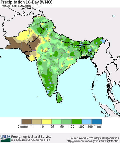 Southern Asia Precipitation 10-Day (WMO) Thematic Map For 8/26/2022 - 9/5/2022