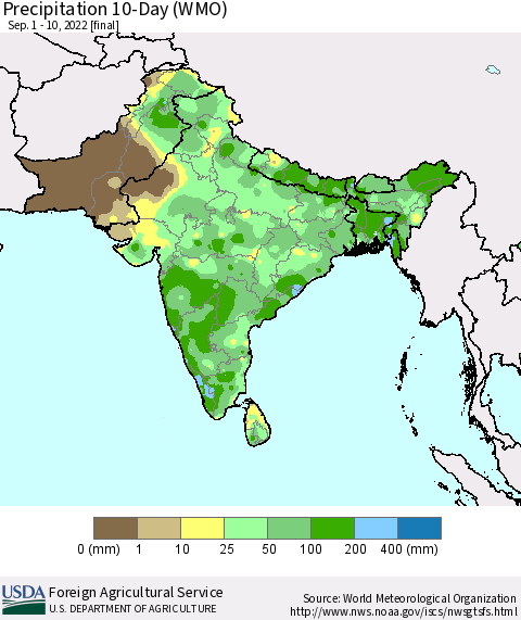 Southern Asia Precipitation 10-Day (WMO) Thematic Map For 9/1/2022 - 9/10/2022